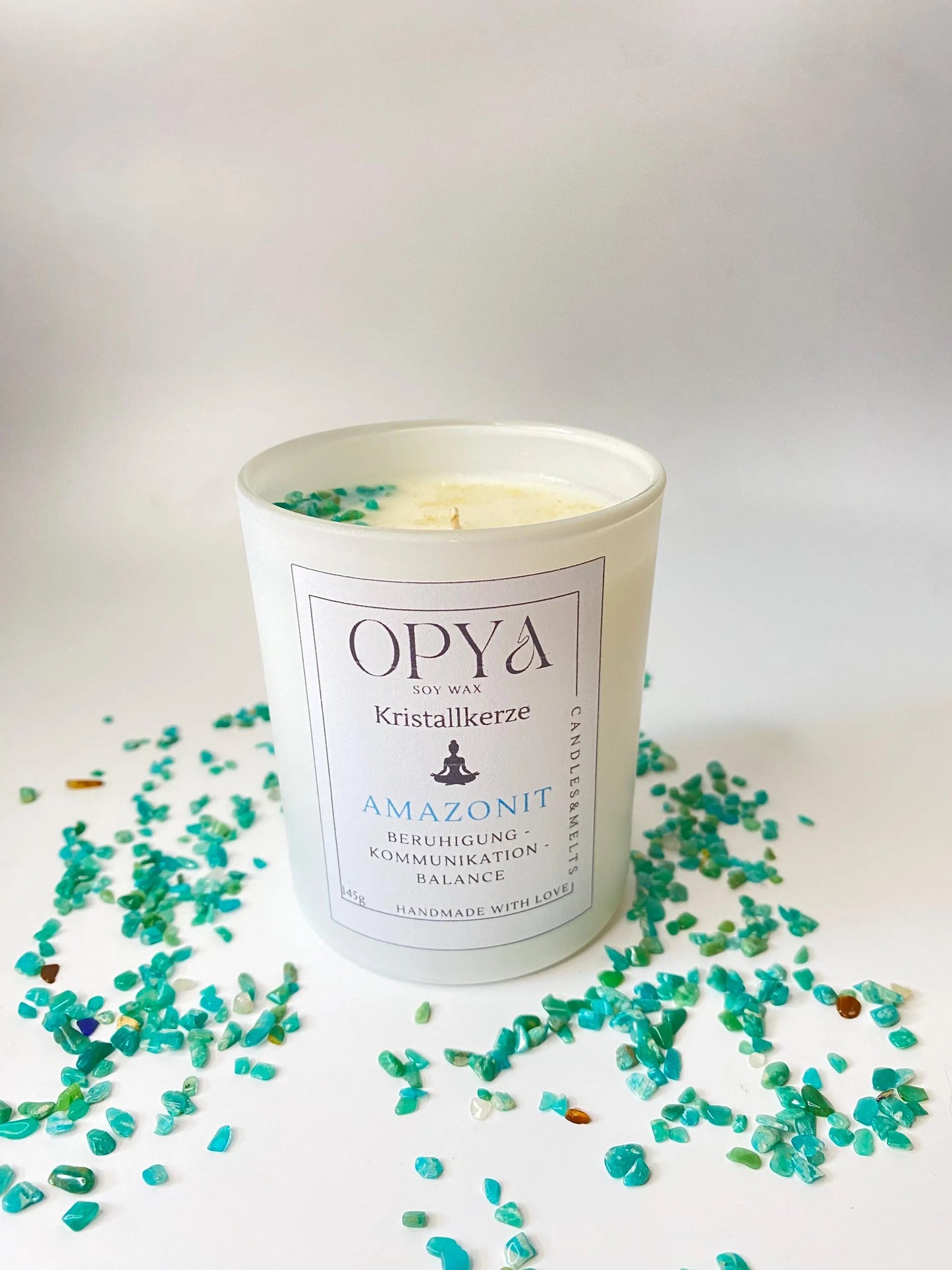 Kristall-Duft-Kerze mit Amazonit-Kristallen