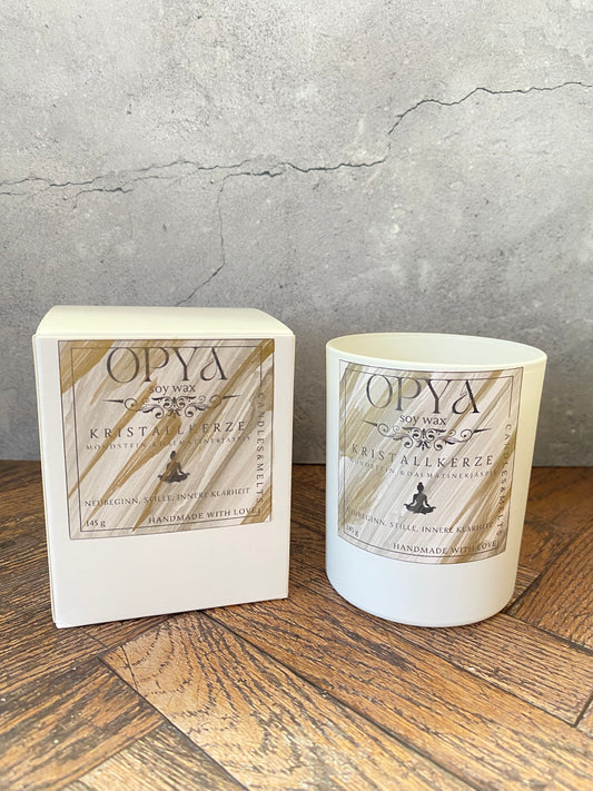 Handgegossene Kristallkerze aus Sojawachs – Dalmatiner Jaspis & Mondstein | Schutz, Intuition & Meditation