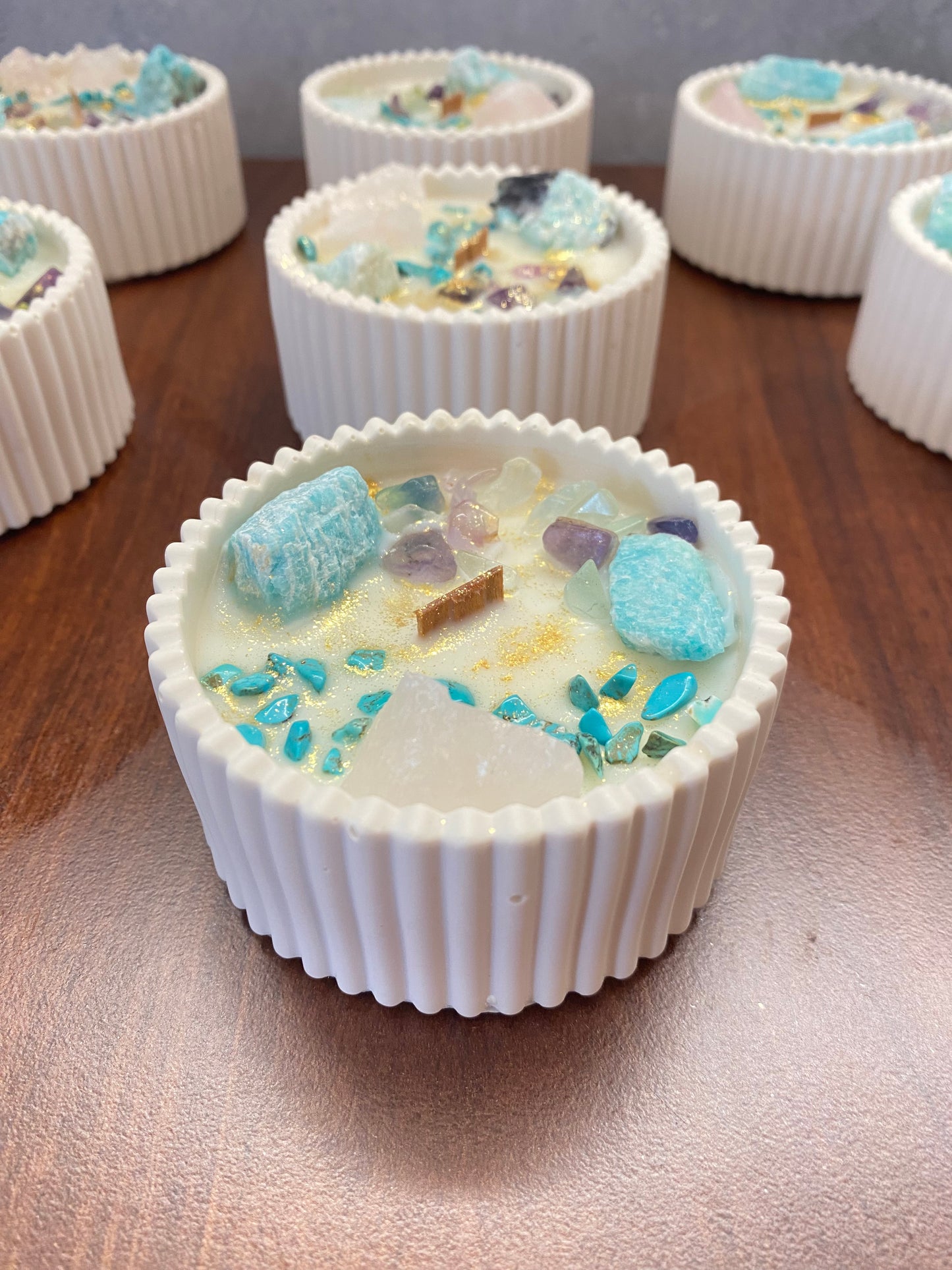 Kristallkerze „Herzlicht“  Amazonit, Rosenquarz, Fluorit & Turqoise