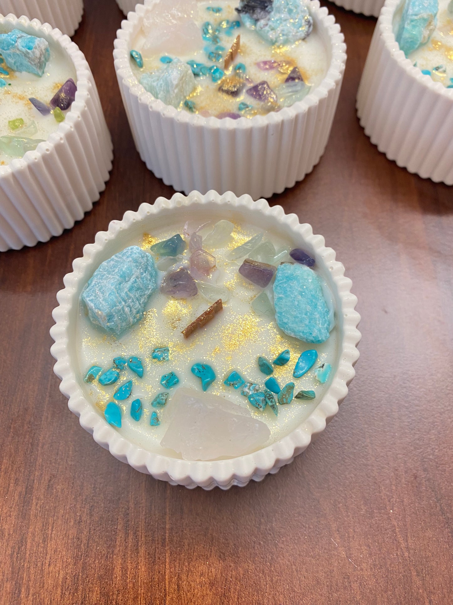 Kristallkerze „Herzlicht“  Amazonit, Rosenquarz, Fluorit & Turqoise