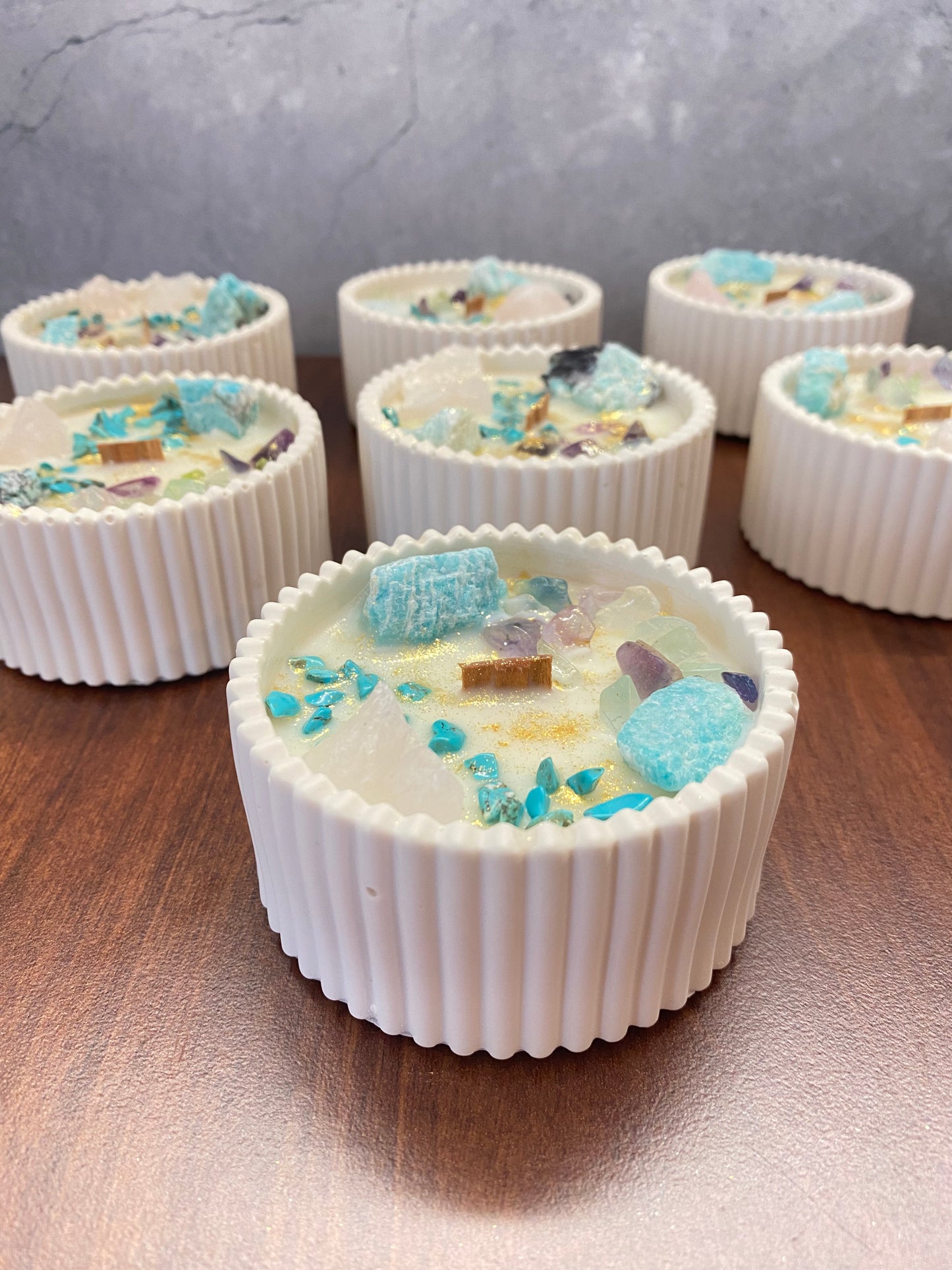 Kristallkerze „Herzlicht“  Amazonit, Rosenquarz, Fluorit & Turqoise