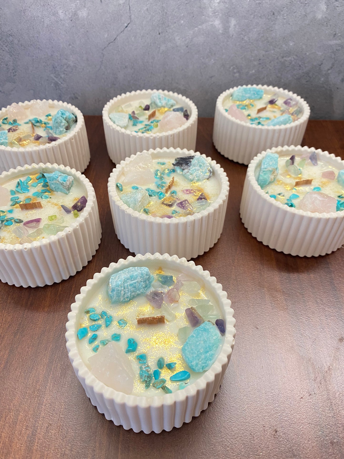 Kristallkerze „Herzlicht“  Amazonit, Rosenquarz, Fluorit & Turqoise