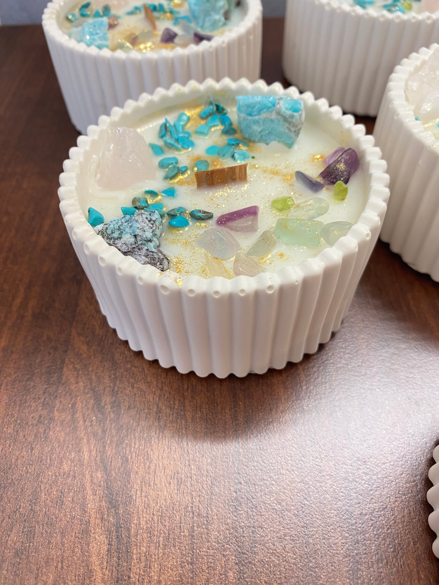 Kristallkerze „Herzlicht“  Amazonit, Rosenquarz, Fluorit & Turqoise