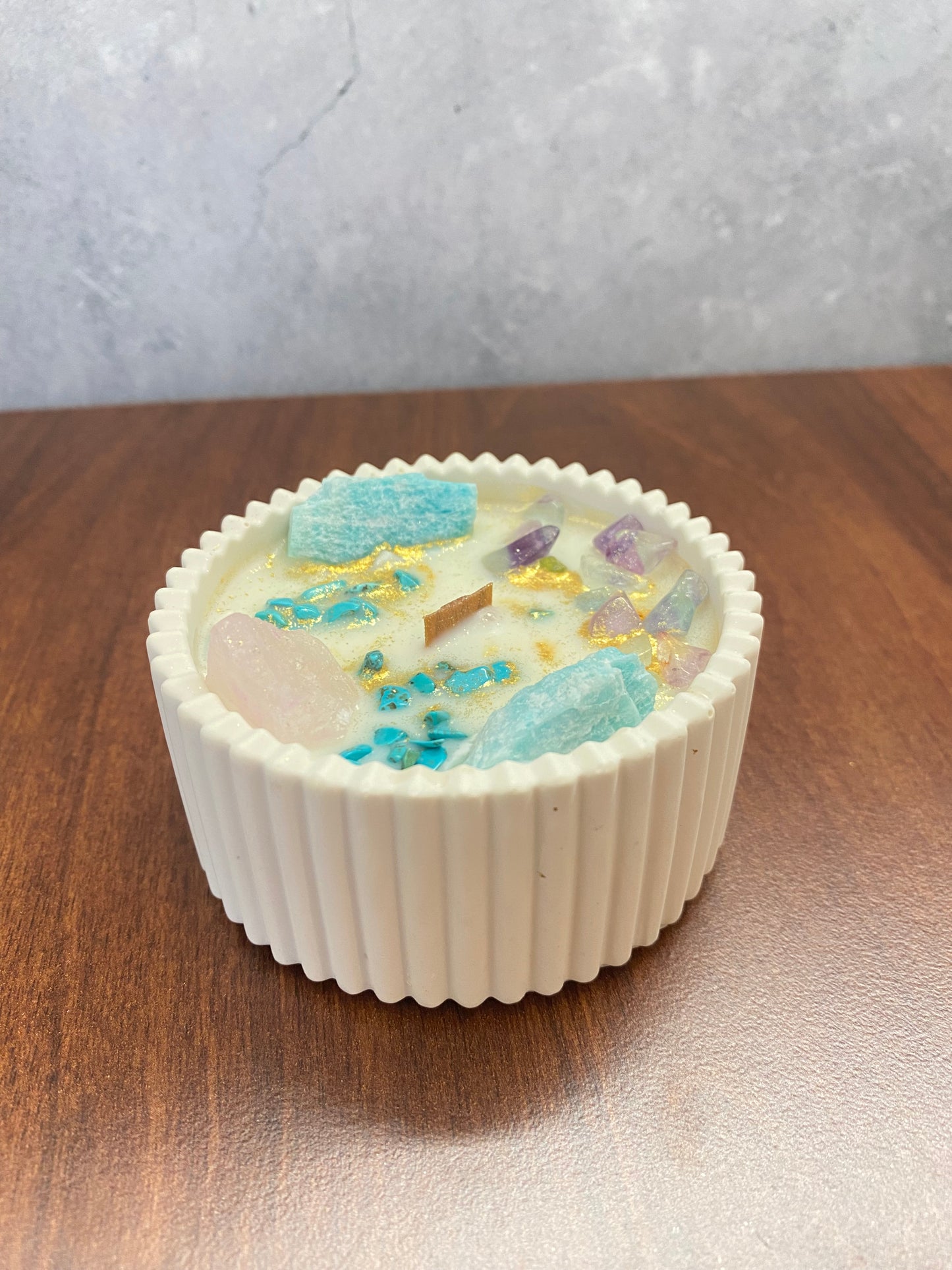 Kristallkerze „Herzlicht“  Amazonit, Rosenquarz, Fluorit & Turqoise