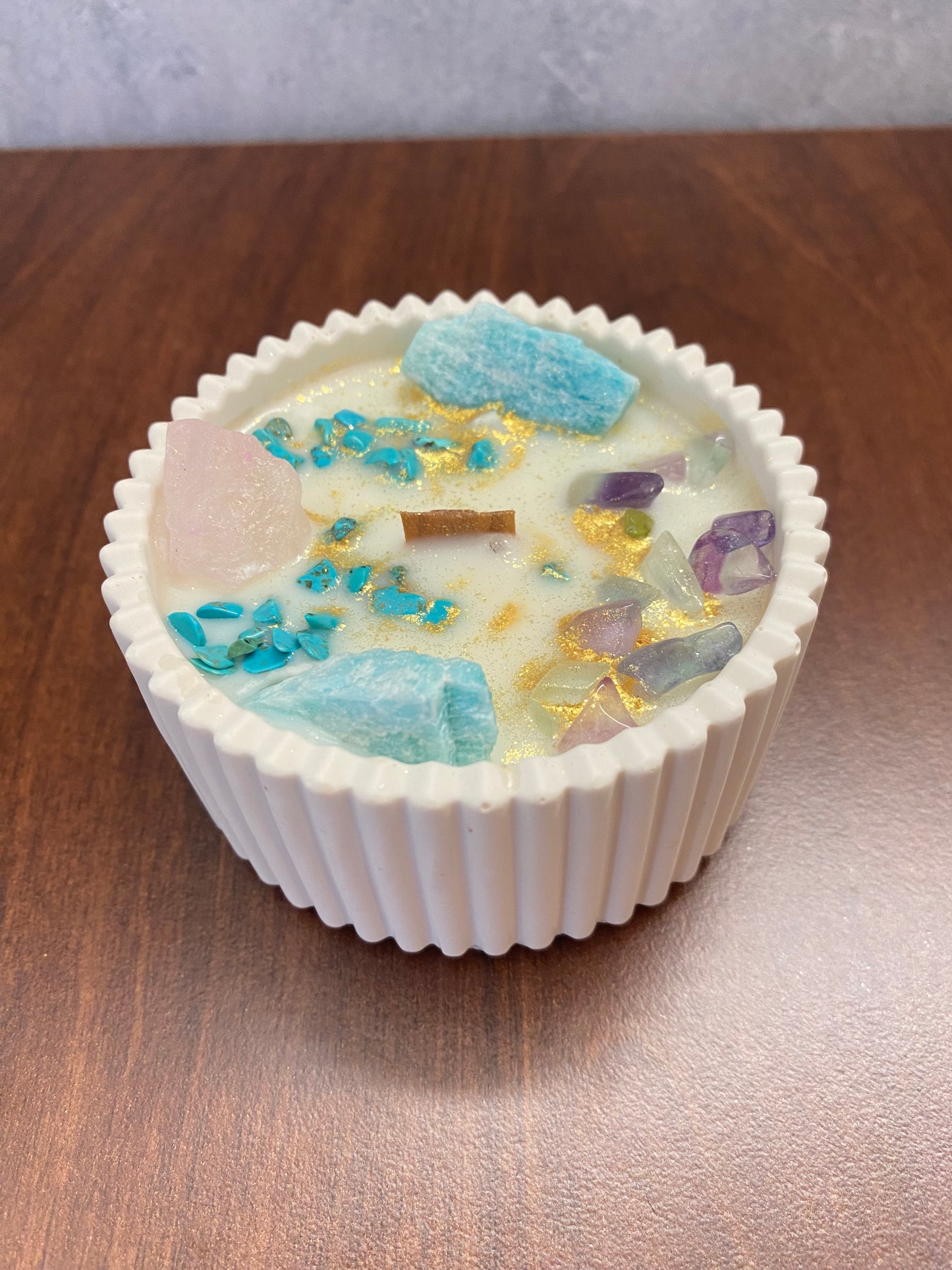 Kristallkerze „Herzlicht“  Amazonit, Rosenquarz, Fluorit & Turqoise