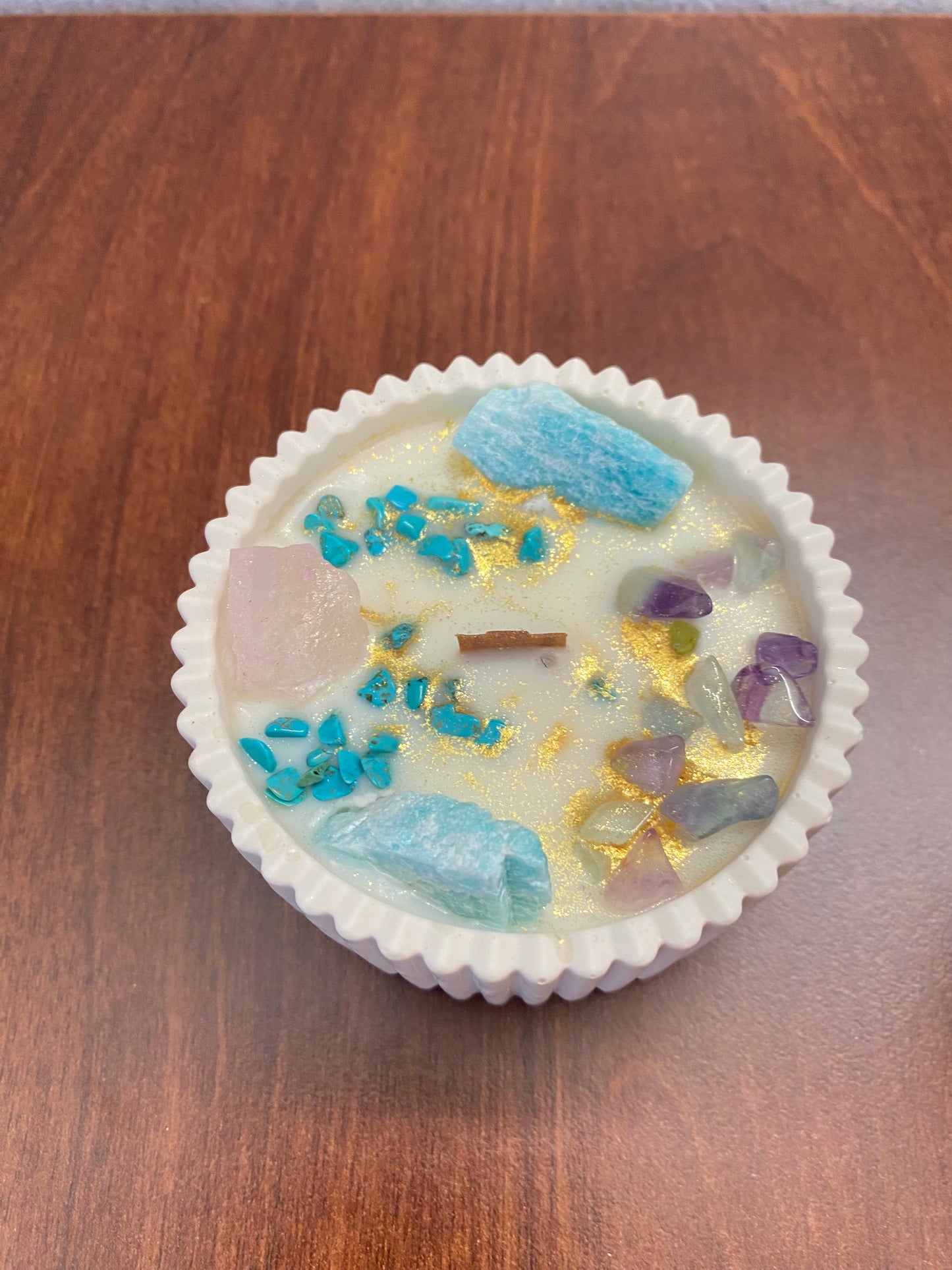 Kristallkerze „Herzlicht“  Amazonit, Rosenquarz, Fluorit & Turqoise