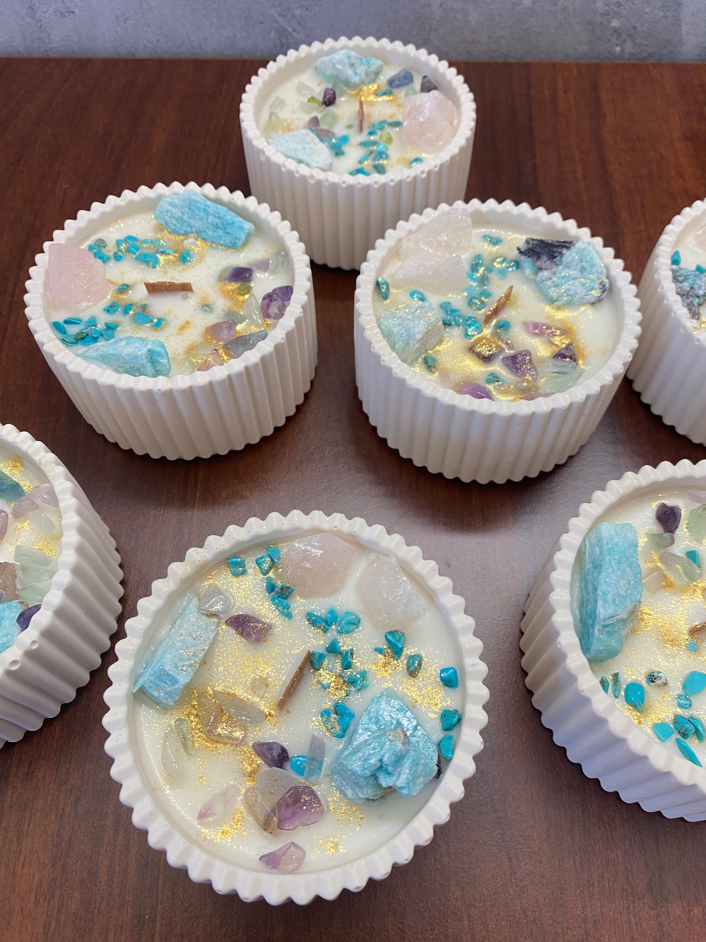 Kristallkerze „Herzlicht“  Amazonit, Rosenquarz, Fluorit & Turqoise