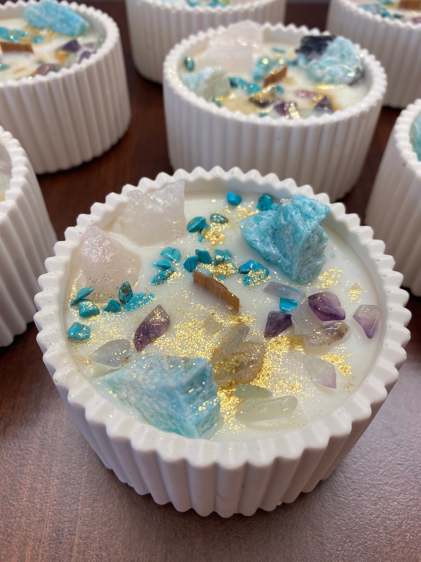 Kristallkerze „Herzlicht“  Amazonit, Rosenquarz, Fluorit & Turqoise