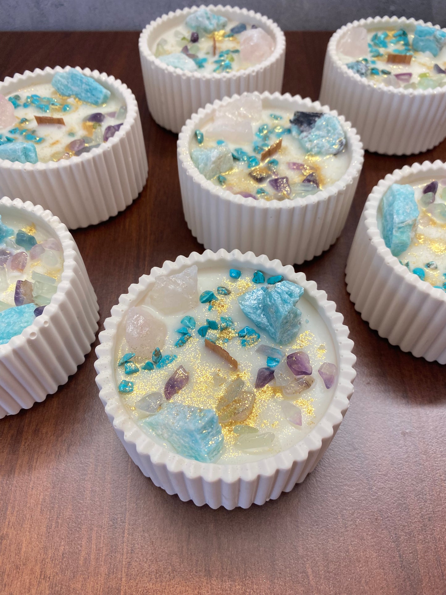 Kristallkerze „Herzlicht“  Amazonit, Rosenquarz, Fluorit & Turqoise