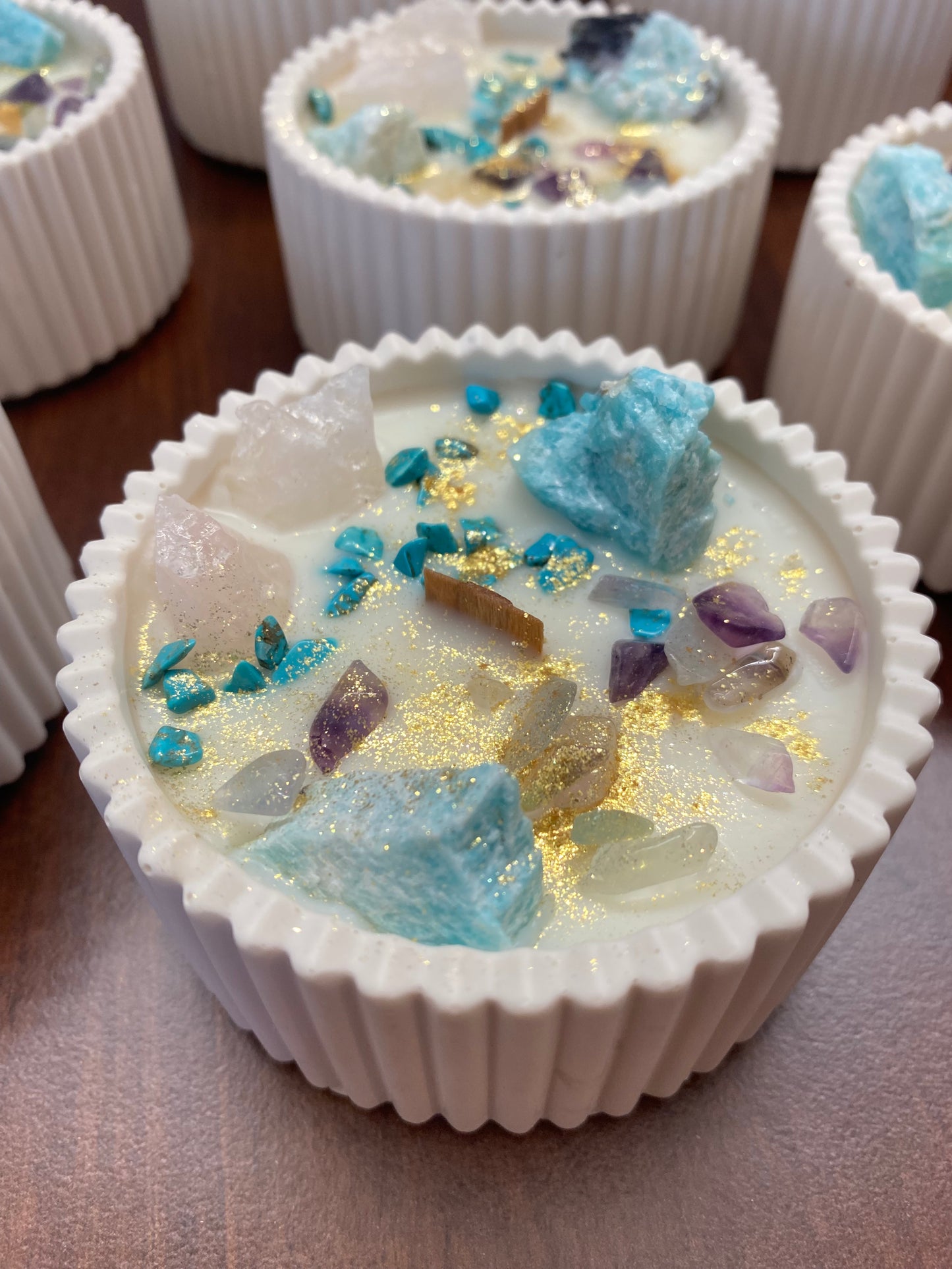 Kristallkerze „Herzlicht“  Amazonit, Rosenquarz, Fluorit & Turqoise