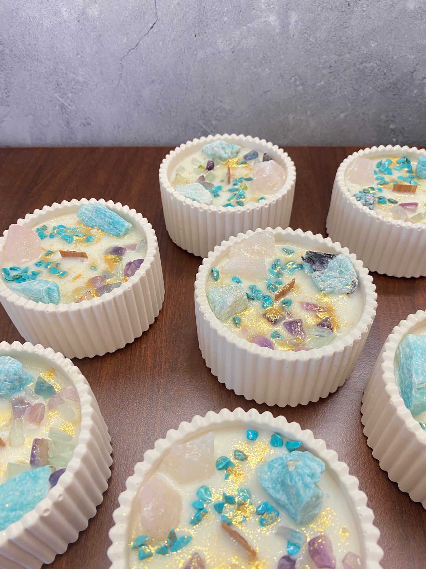 Kristallkerze „Herzlicht“  Amazonit, Rosenquarz, Fluorit & Turqoise