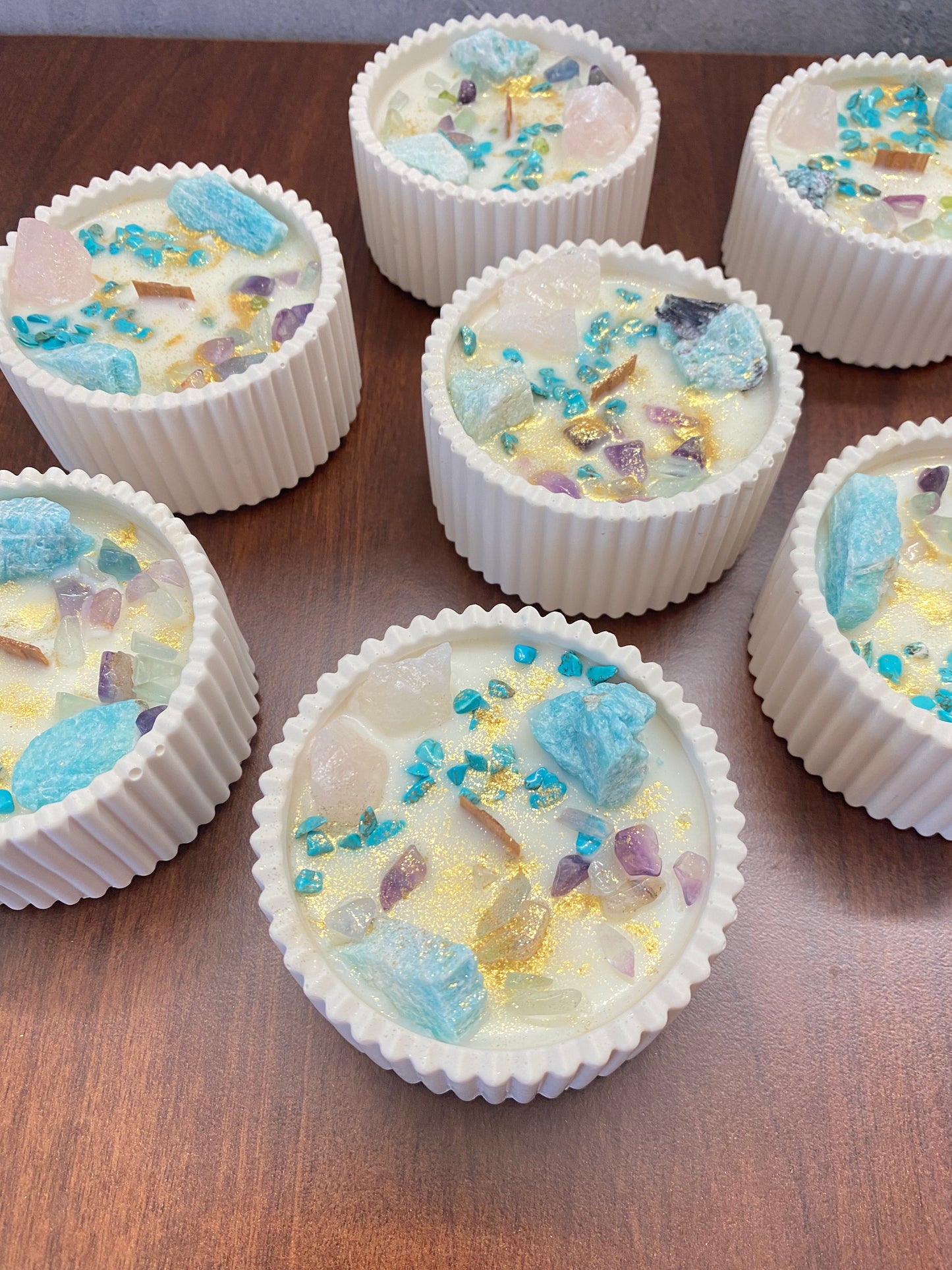 Kristallkerze „Herzlicht“  Amazonit, Rosenquarz, Fluorit & Turqoise