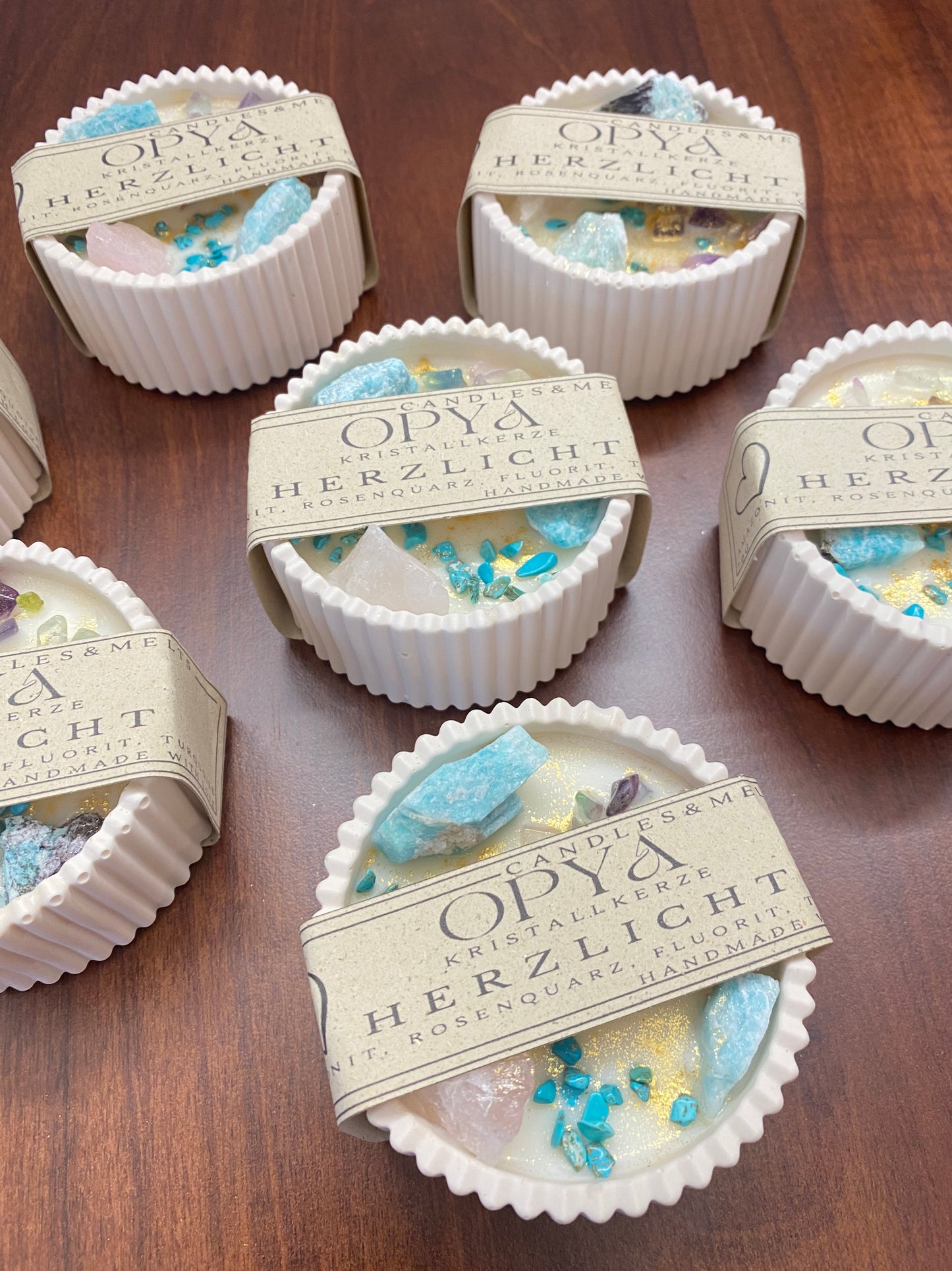 Kristallkerze „Herzlicht“  Amazonit, Rosenquarz, Fluorit & Turqoise