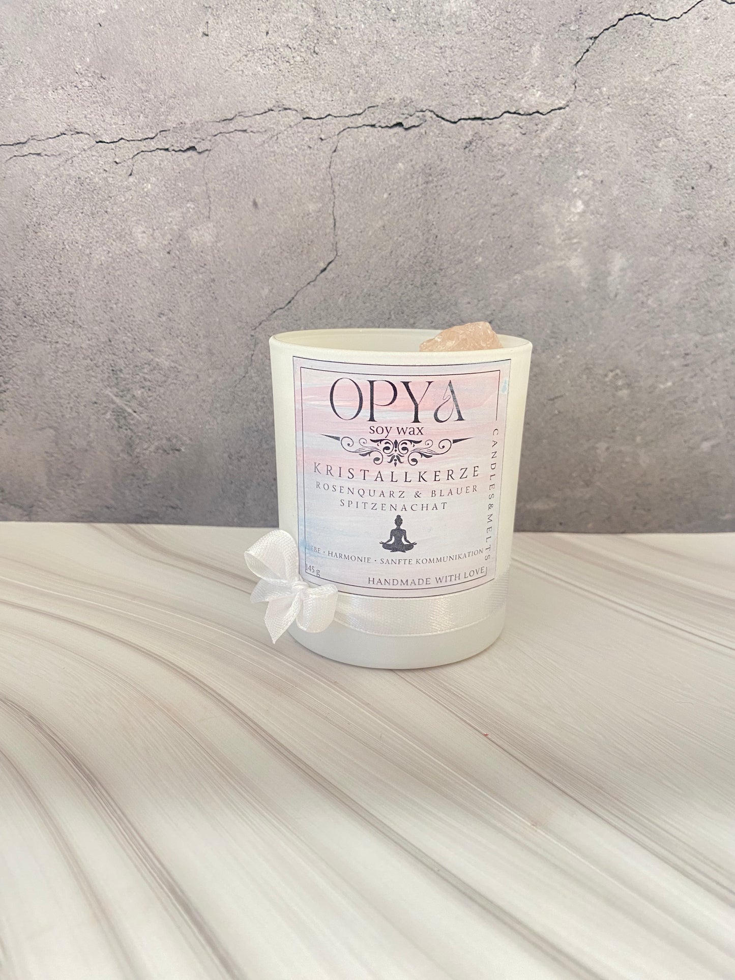 Handgegossene Kristall-Sojawachs Kerze mit Rosenquarz & Blauem Spitzenachat