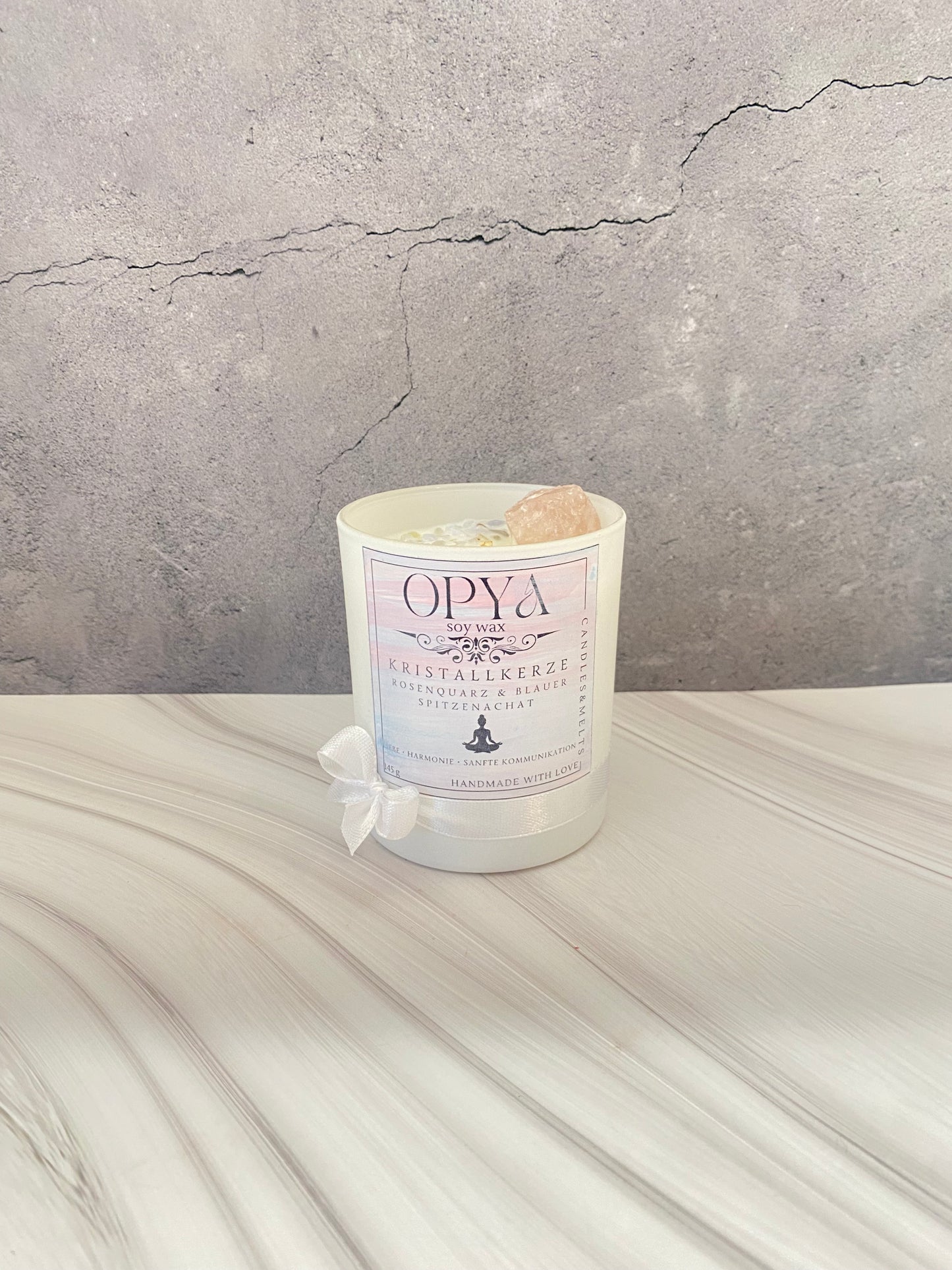 Handgegossene Kristall-Sojawachs Kerze mit Rosenquarz & Blauem Spitzenachat