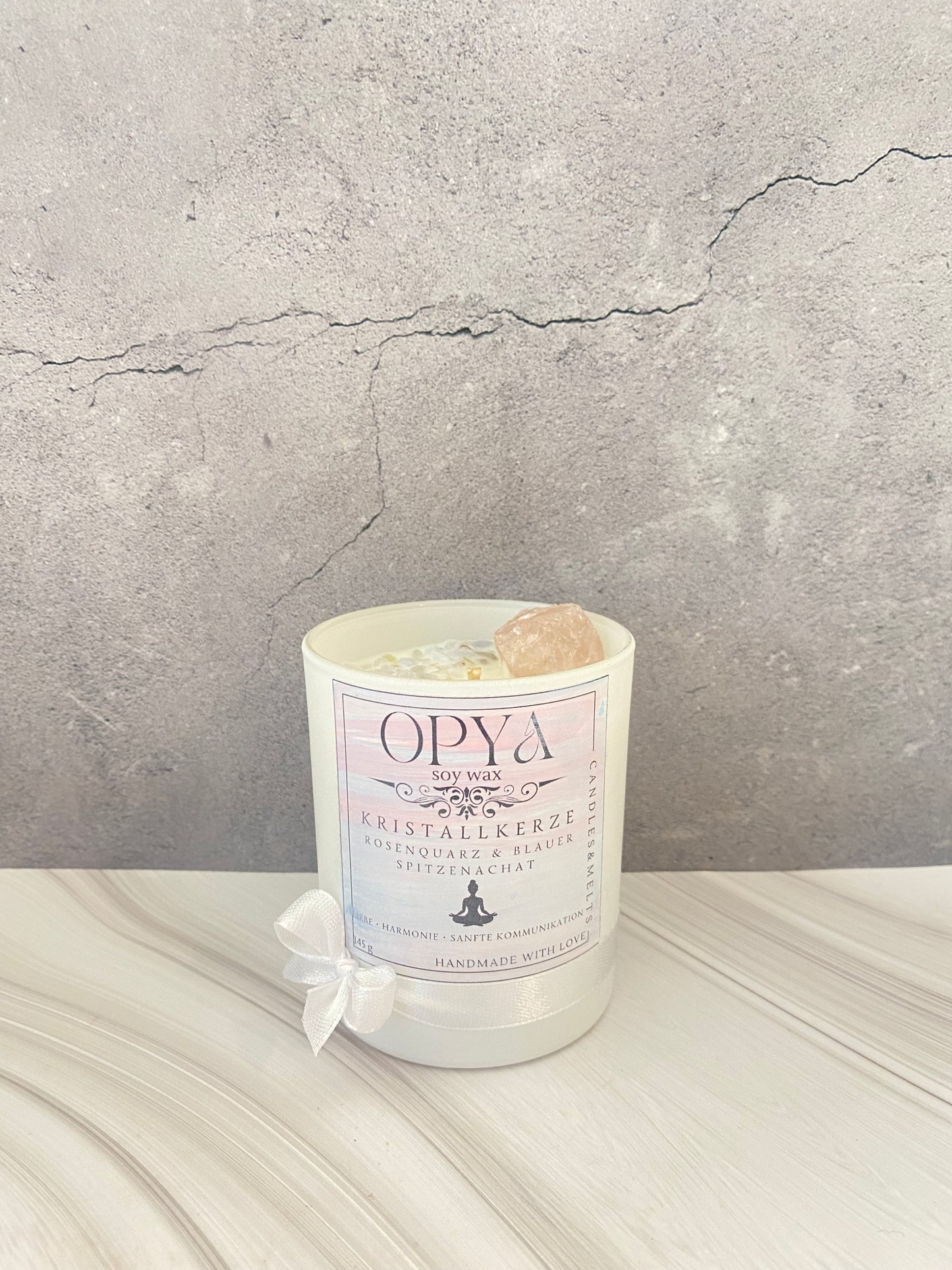 Handgegossene Kristall-Sojawachs Kerze mit Rosenquarz & Blauem Spitzenachat