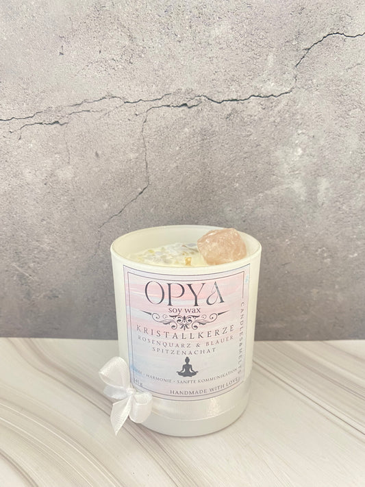 Handgegossene Kristall-Sojawachs Kerze mit Rosenquarz & Blauem Spitzenachat