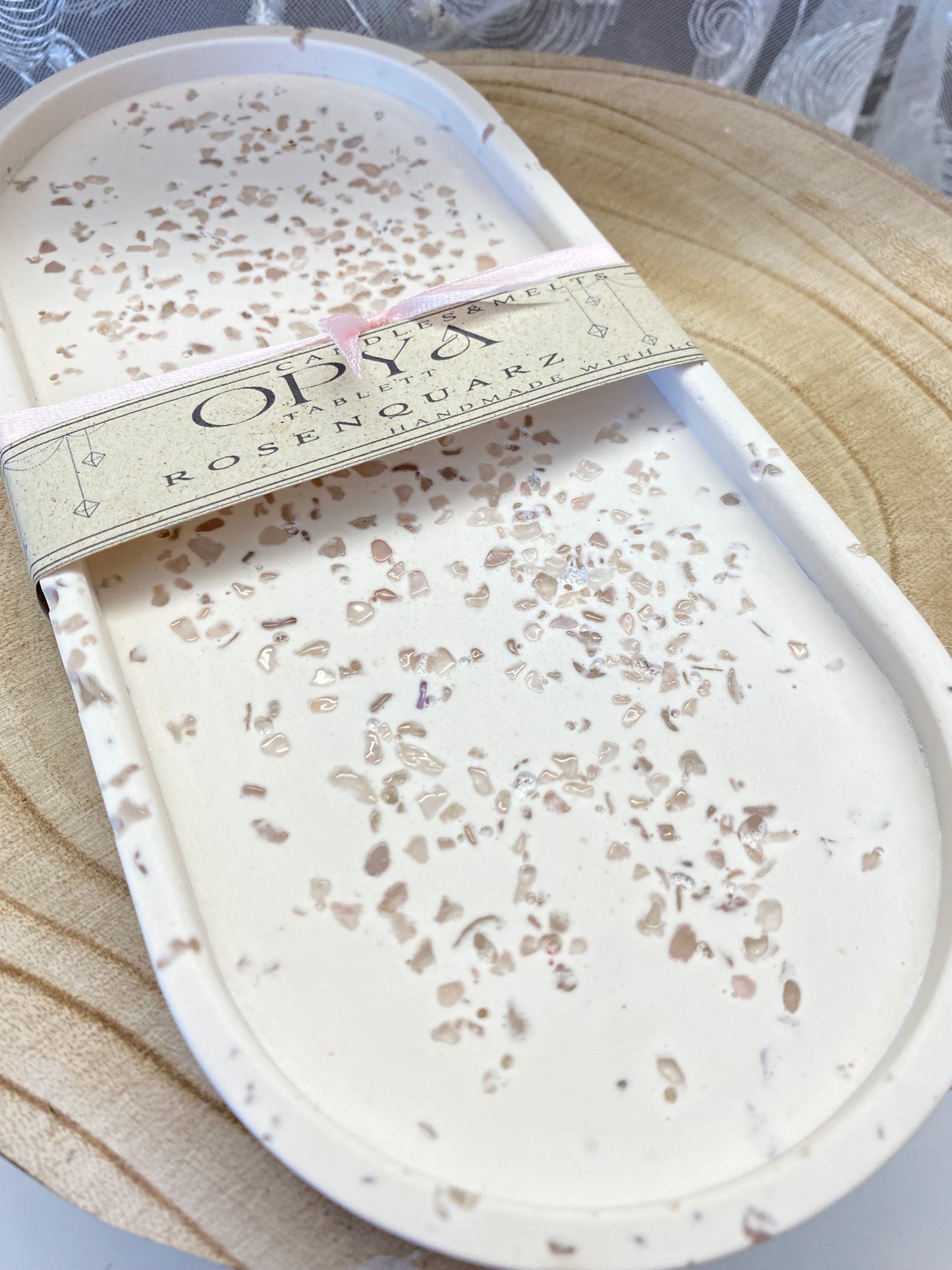 Ritual Tablett mit Rosenquarz | Dekoration & Schmuckablage - Handmade