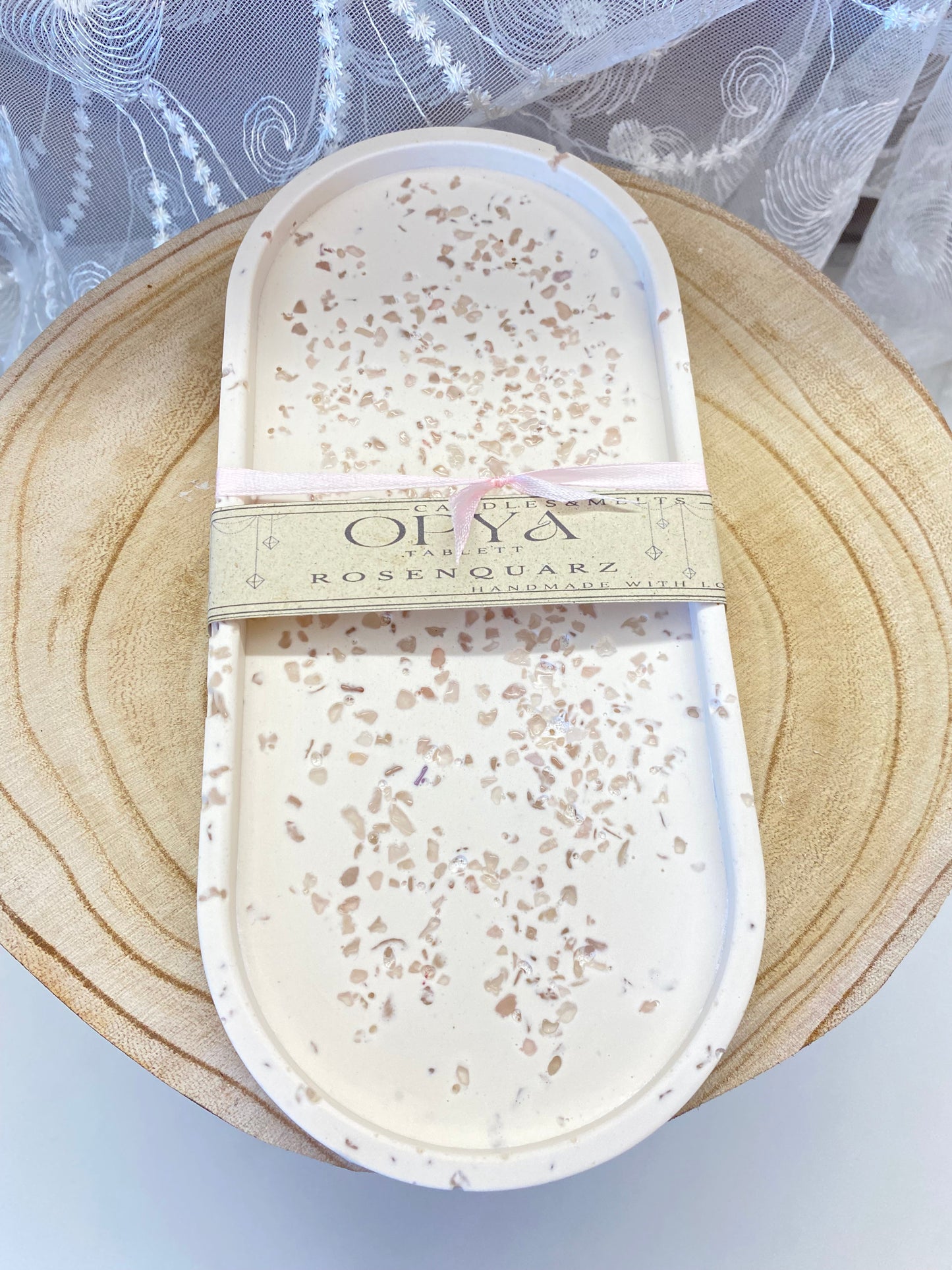 Ritual Tablett mit Rosenquarz | Dekoration & Schmuckablage - Handmade
