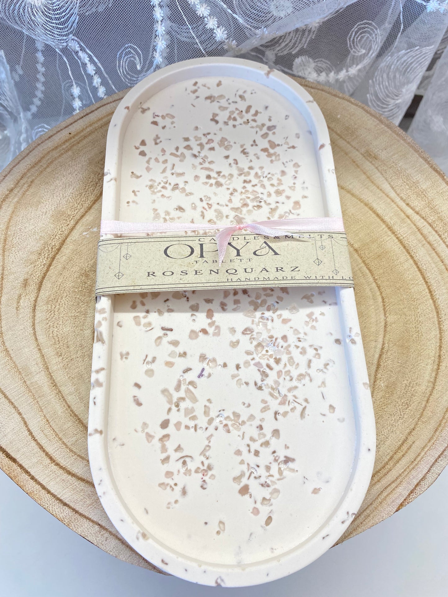 Ritual Tablett mit Rosenquarz | Dekoration & Schmuckablage - Handmade