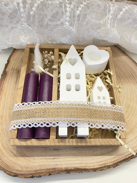 Dekotablett mit Häusern & Kerzenset | Handgegossene Wohn Deko aus Venusarm | Einzug Geschenk