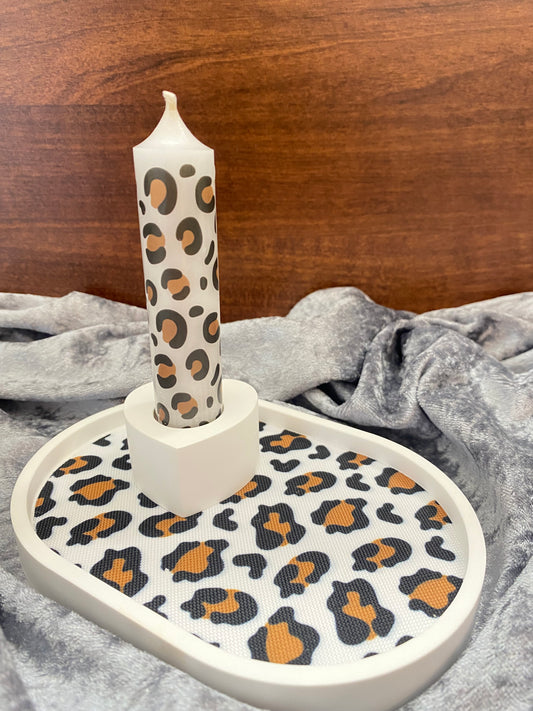 Deko Set Animal Style handgemacht | Leo Tablett mit Herz Kerzenhalter & Kerze | Geschenkidee für Zuhause