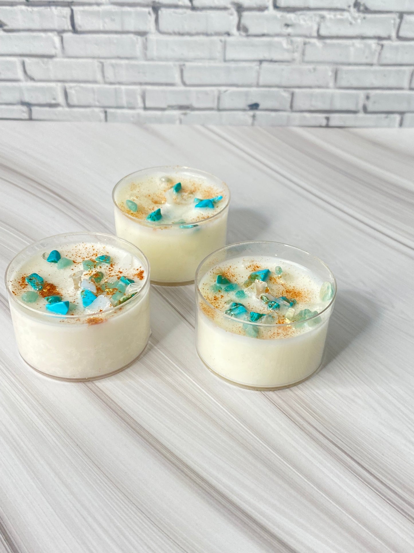 Kristall-Teelicht-Set aus reinem Sojawachs – handgegossen mit Amazonit, Türkis & Opalite