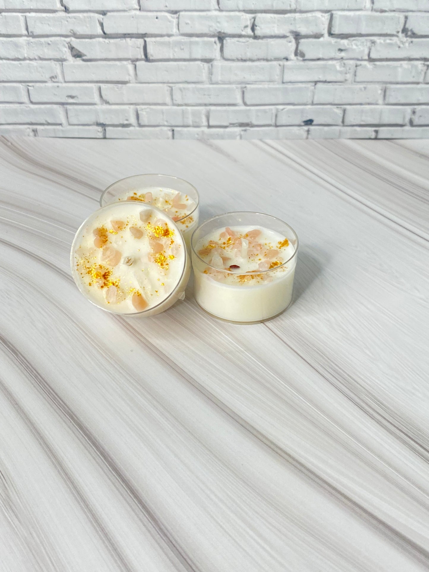 Kristall-Teelicht-Set aus reinem Sojawachs – handgegossen mit Rosenquarz &  Pink Opal