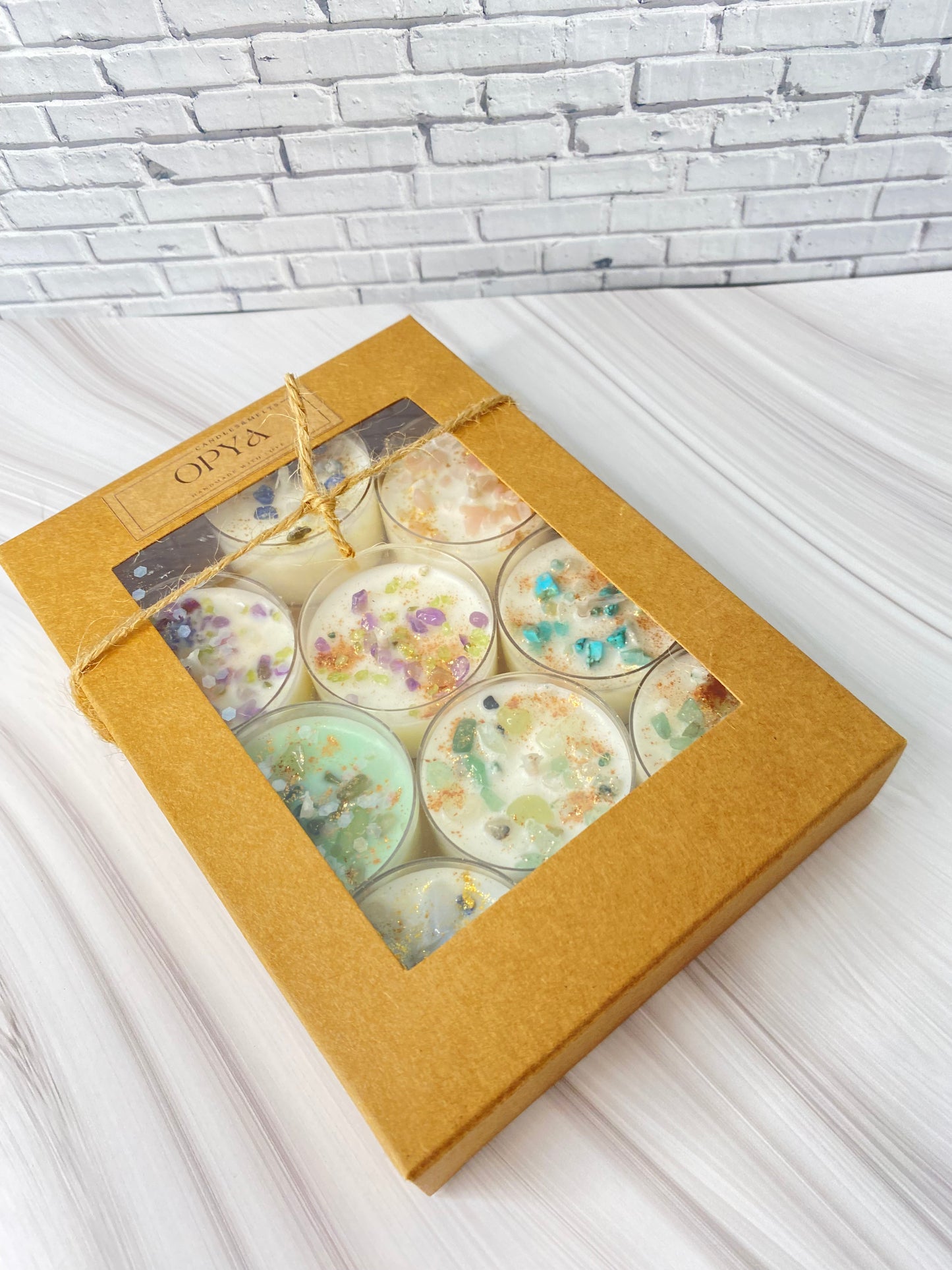 Kristall-Teelicht-Set aus reinem Sojawachs – handgegossen mit Edelsteinen / Moosachaat, New Jade & Grüner Aventurin