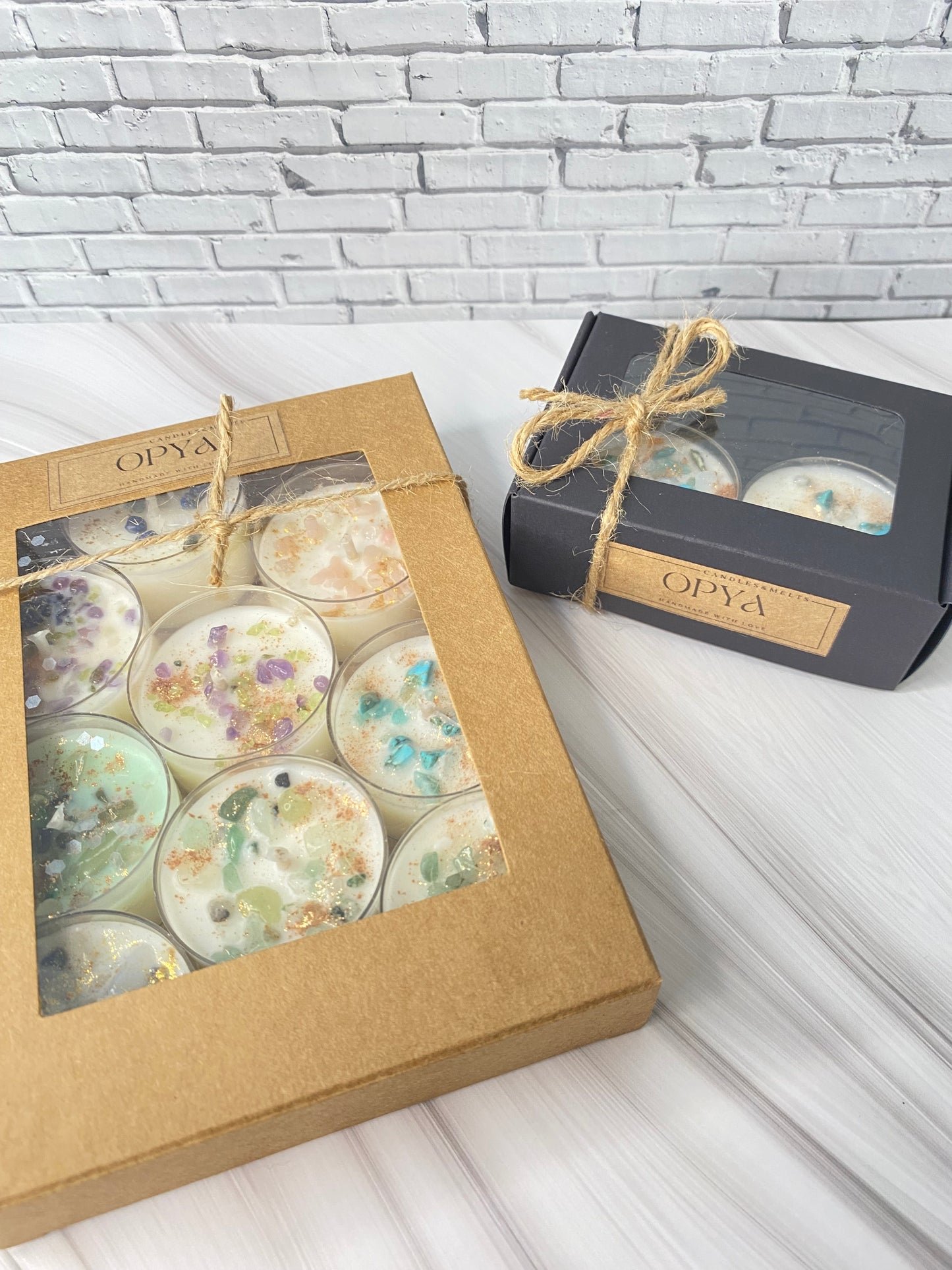 Kristall-Teelicht-Set aus reinem Sojawachs – handgegossen mit Rosenquarz &  Pink Opal