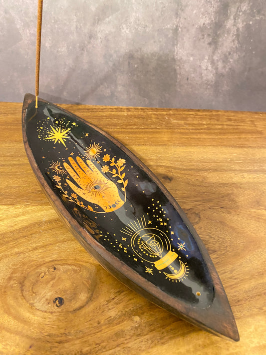 Edle Räucherschale aus Mangoholz mit emailliertem Hamsa-Hand-Design. Schützt vor negativer Energie & bringt Harmonie