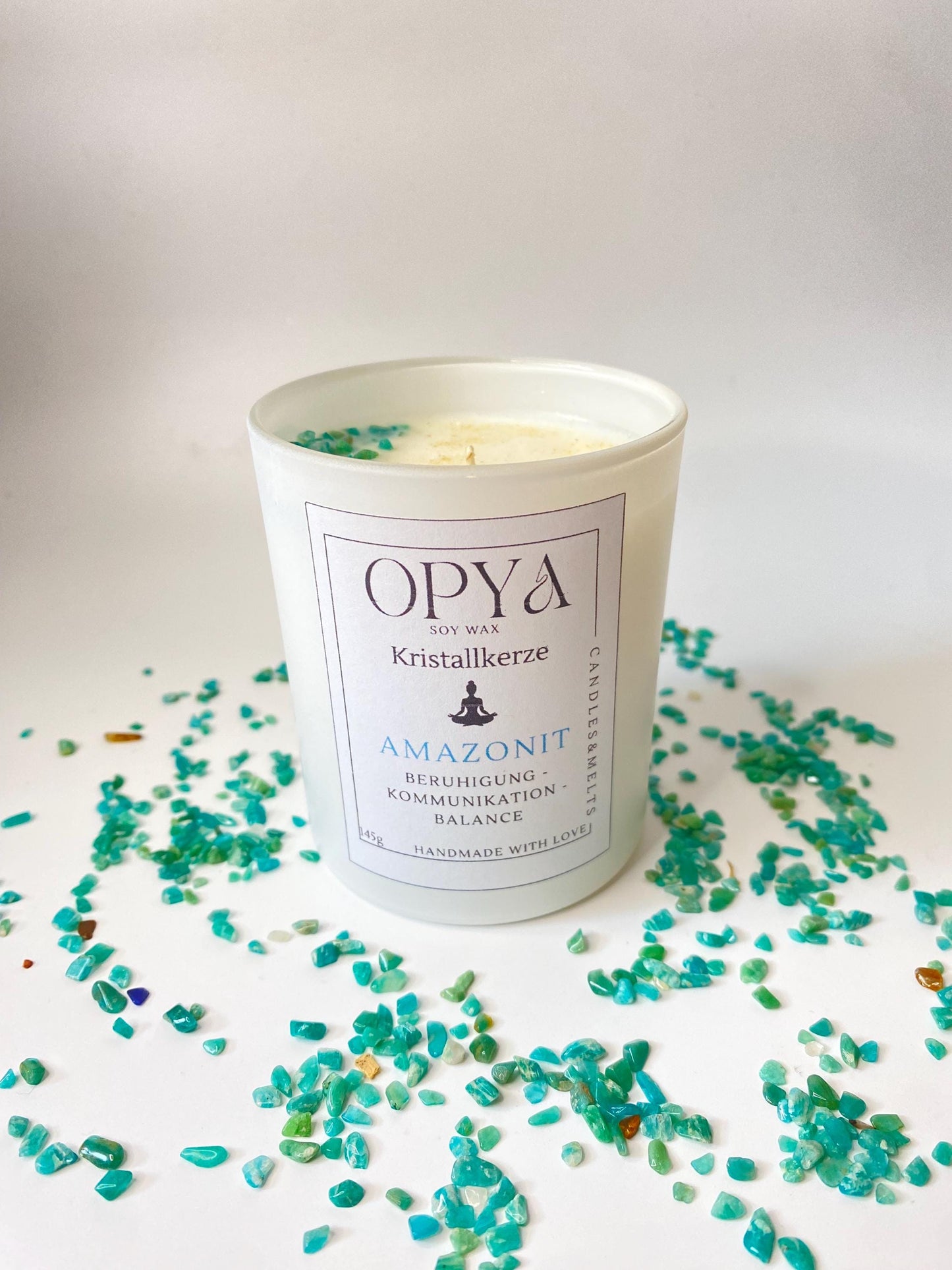 Kristall-Duft-Kerze mit Amazonit-Kristallen