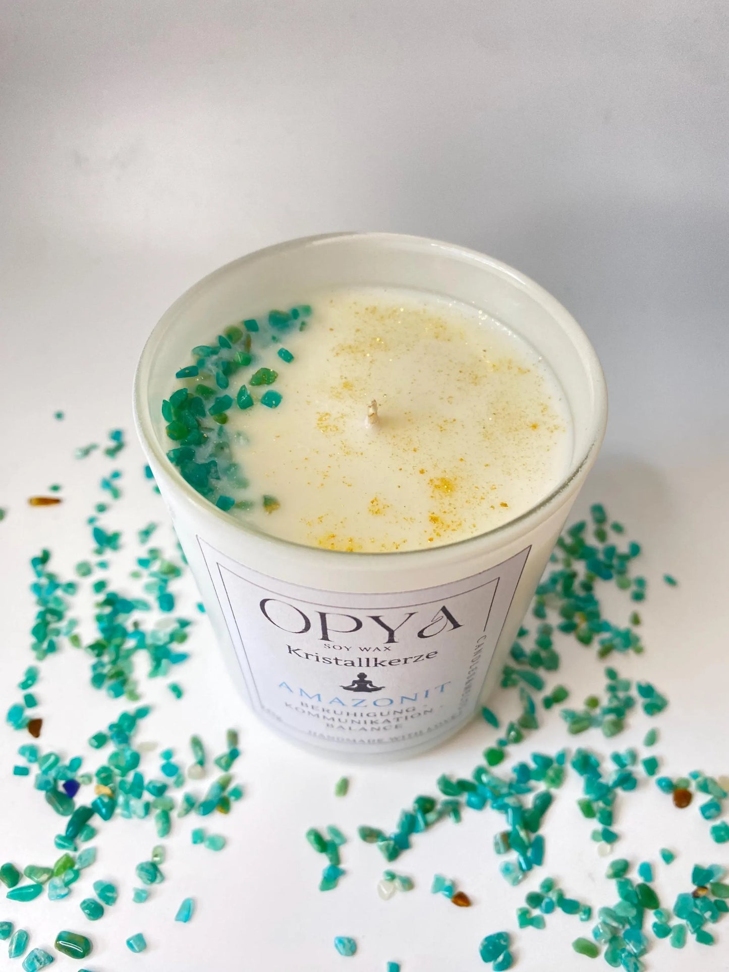 Kristall-Duft-Kerze mit Amazonit-Kristallen