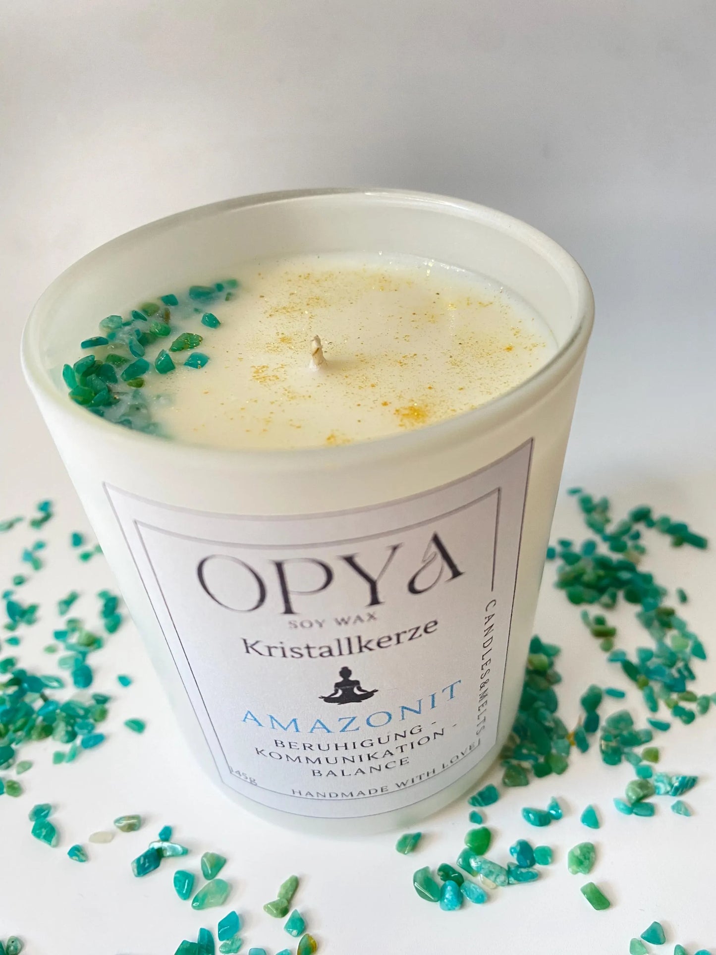 Kristall-Duft-Kerze mit Amazonit-Kristallen