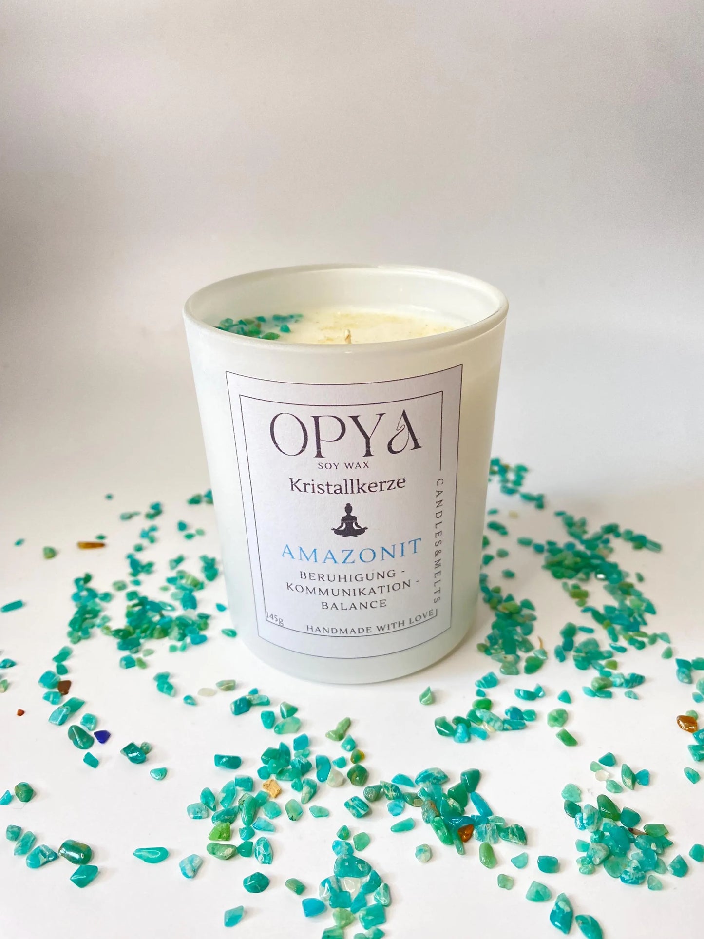 Kristall-Duft-Kerze mit Amazonit-Kristallen