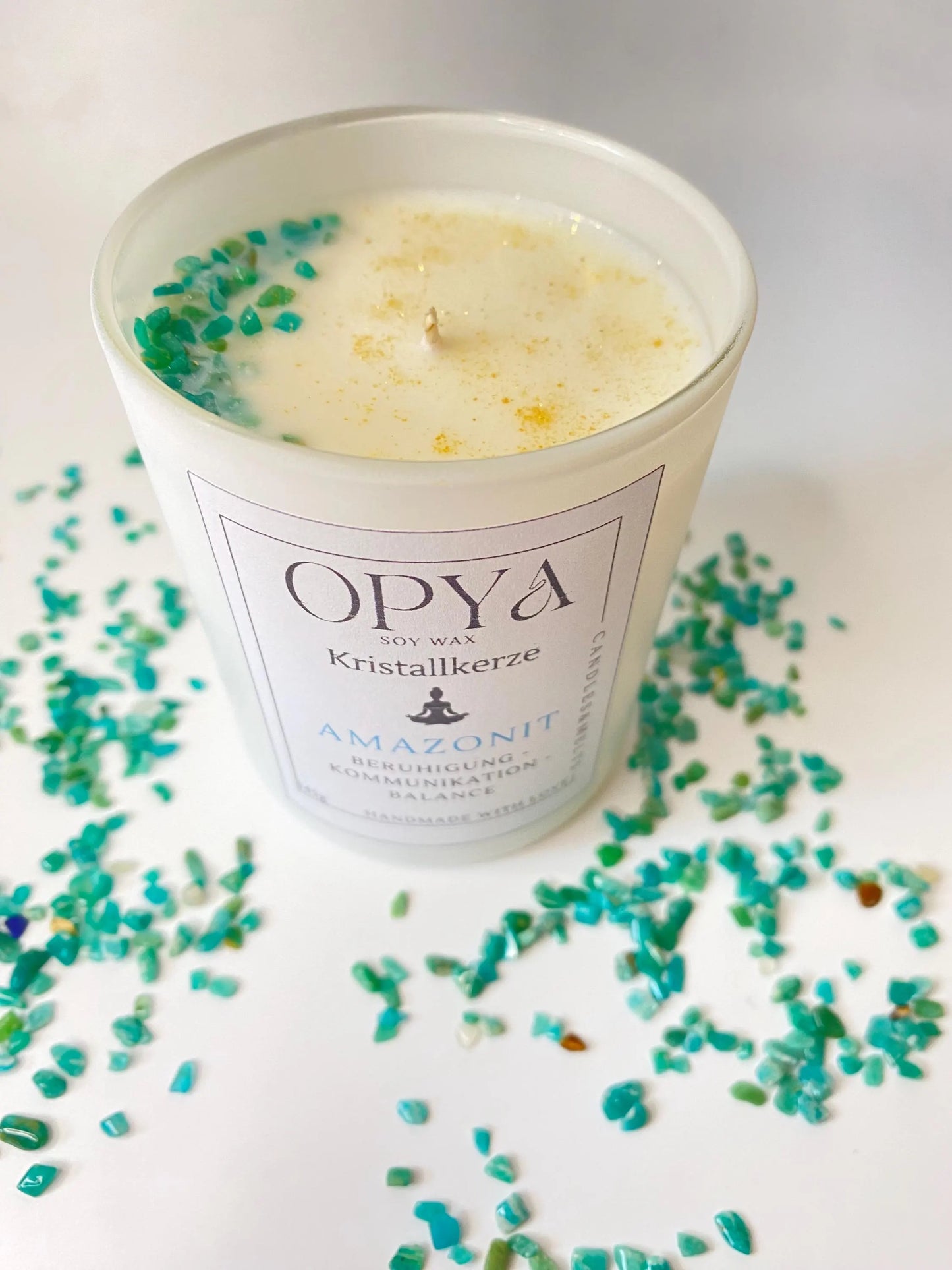 Kristall-Duft-Kerze mit Amazonit-Kristallen