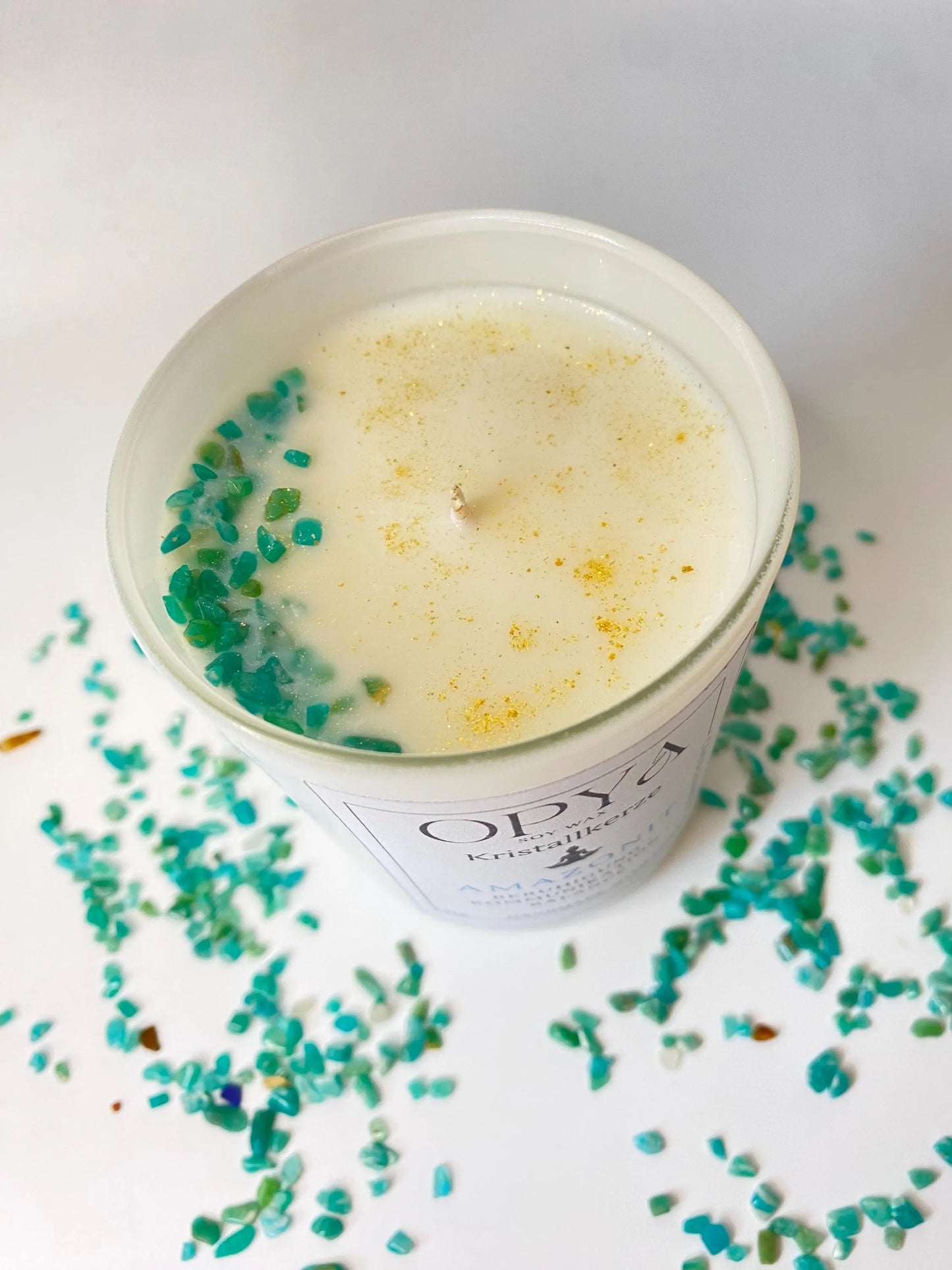 Kristall-Duft-Kerze mit Amazonit-Kristallen