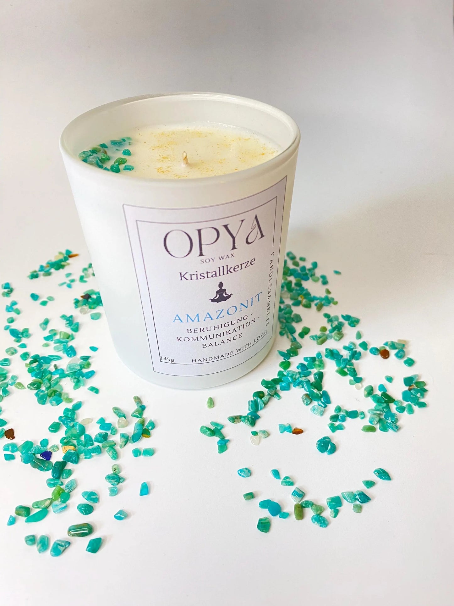 Kristall-Duft-Kerze mit Amazonit-Kristallen